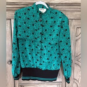 EUC Women’s B.G.B. LIMITED Vintage Teal/Black Long Sleeve Silky Blouse (14)